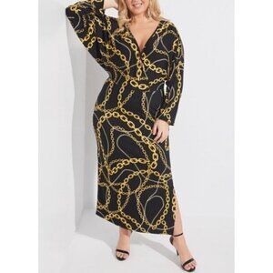 NEW Ashley Stewart Womens Black Gold Long Sleeve Chain Maxi Dress w/Slit 18/20